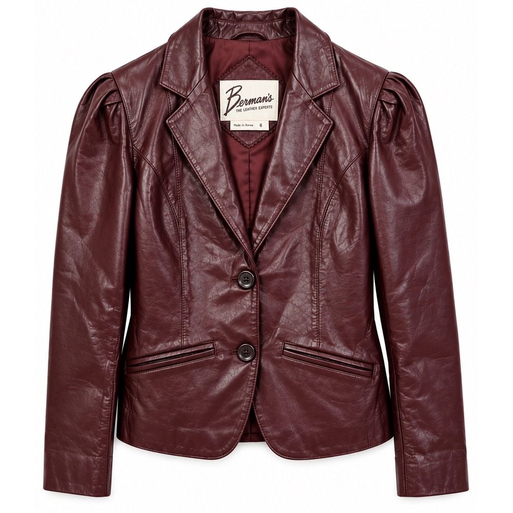 Vintage 80s Berman's Leather Blazer Size 6 Oxblood Burgundy Puff Sleeve Jacket